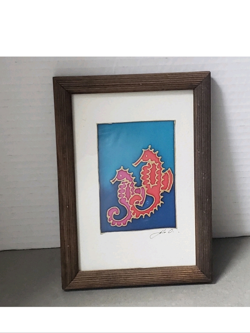 Vintage Small Hand Painted Seahorses Signed Framed Art